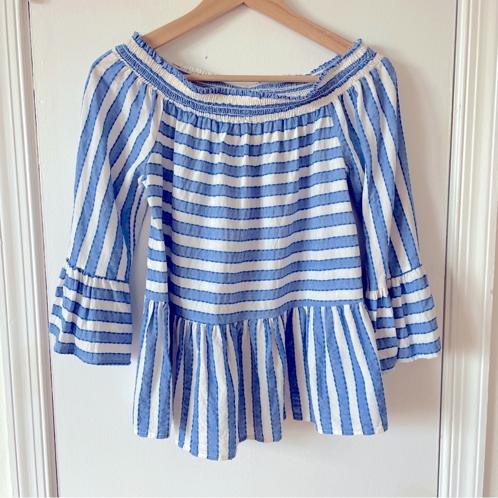 Anthropologie Maeve Seersucker Striped Off-shoulder Peplum blouse Cotton S - Picture 2 of 6
